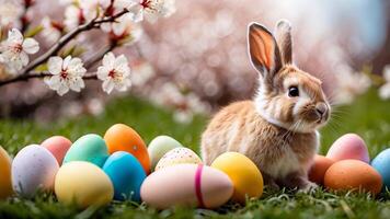 Easter celebration showcasing colorful eggs and a rabbit in a serene garden setting during springtime video