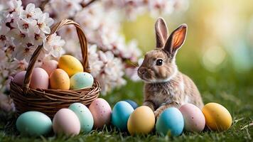 Easter celebration showcasing colorful eggs and a rabbit in a serene garden setting during springtime video