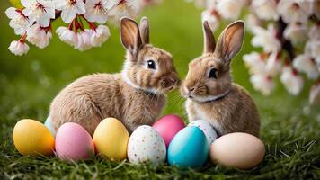 Celebrating Easter with adorable bunnies and colorful eggs in a beautiful garden setting video