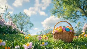 Colorful Easter eggs in a woven basket on a meadow under a sunny sky with mountains in the background. 4k video