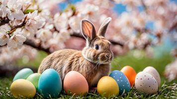 Easter celebration showcasing colorful eggs and a rabbit in a serene garden setting during springtime video