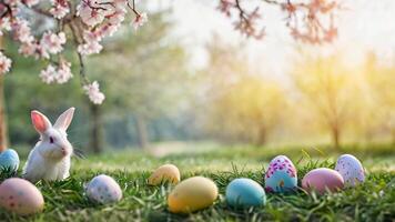 Rabbit among colorful Easter eggs in a sunlit garden during springtime. 4k video