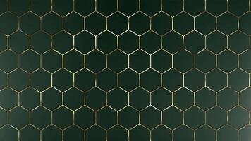 Abstract green background of hexagons with gold accents. Looped luxury pattern of geometric shapes. Simple minimal elegant expensive background dark green 3d BG. video