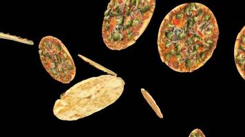 Background of flying pizza slices with an alpha channel video
