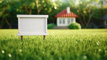 For sale sign with a blank white board placed in the backyard of a beautiful home with a perfectly leveled lawn video