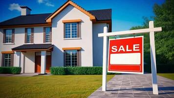 A home for sale sign with a white blank board, situated in the backyard of an elegant home with a neatly leveled lawn video