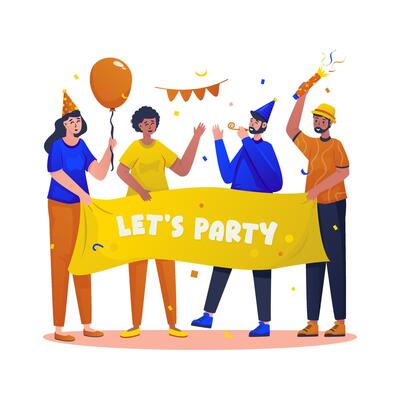 Group of people inviting party celebration flat illustration