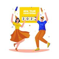 Flat design of happy couple waiting for countdown to celebrate new year party vector