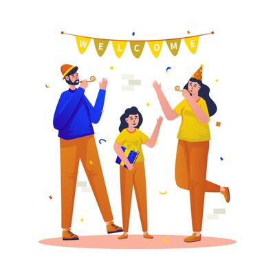 Flat design of happy family giving surprise party celebration
