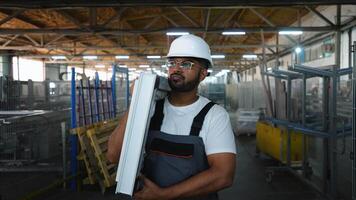 Indian worker walks with a window frame in a window factory video