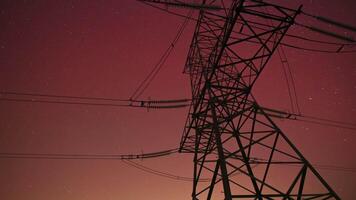 Under a serene nighttime sky, stars dance in a time-lapse display while power lines stand silently in a forest, creating an enchanting atmosphere for stargazing. video