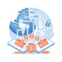 Digital global financial transactions with wallets and security elements. vector