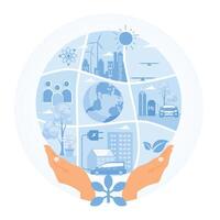 Hands holding a globe with an environmentally friendly energy source. vector