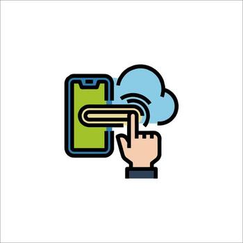 A hand pressing a button on a phone with a cloud icon vector