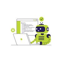 Artificial intelligence robot working with laptop for coding or developing project vector