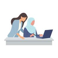 Two womens working and reviewing documents and data on a computer screen vector