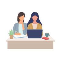Two womens working closely together at a shared desk vector