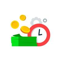 Flat illustration of easy money concept. coins, banknotes, a clock, and gears. quick and efficient financial growth, time saving earnings, or streamlined financial processes vector
