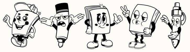 Set of Black and white stationery Book, Marker, and Pen mascot in many styles pose outline vector