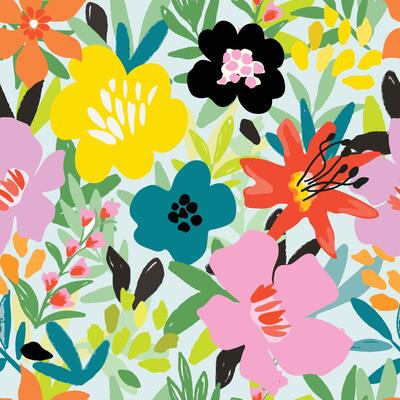 Colorful blooming floral flower and leaf seamless pattern