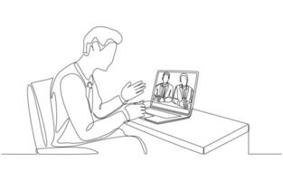Continuous one line drawing of young man interviewing for job via via online call, job interview concept, single line art vector