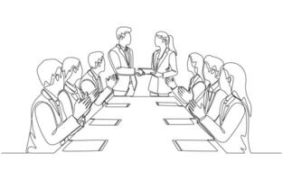 Continuous one line drawing of two business partners shaking hands while other colleagues applauding, success in signing business contract concept, single line art vector