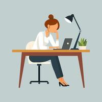 Exhausted female employee sit at office desk work on computer. Disappointed employee, mental health problems vector
