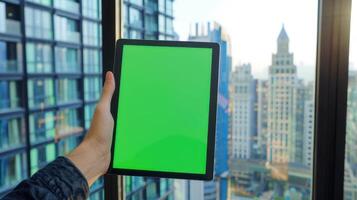 Mockup image of hands holding tablet pc with green screen and city background photo