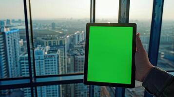 Mockup image of a man's hand holding tablet pc with green screen over cityscape background photo