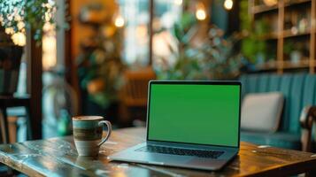 Mockup image of laptop with blank green screen on wooden table in cafe photo