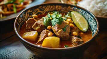 Beef stew with chickpeas and potatoes in a bowl. Traditional Thai Dish, Massaman Curry photo