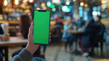 Mockup image of woman's hand holding smart phone with green screen in cafe photo