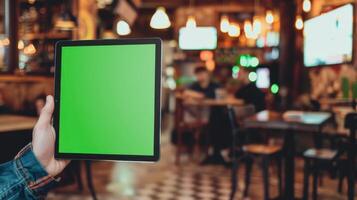 Mockup image of a woman's hand holding and showing tablet pc with green screen in cafe photo