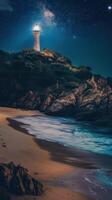A vertical shot of a lighthouse on the beach under the starry sky photo