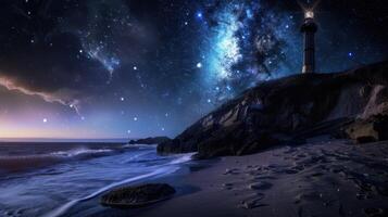 Lighthouse on the beach. Night starry sky. photo