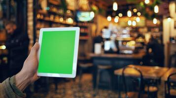 male hand holding digital tablet with green screen in cafe, mockup photo