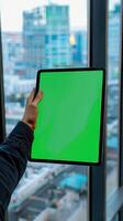 A man's hand holds a tablet with a green screen in the window photo