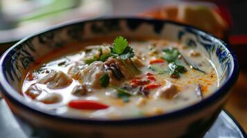 Thai spicy soup with dumpling and coriander leaf. Tom Kha Gai photo