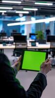Businessman holding a tablet with a green screen in the office. photo