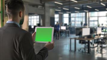 Businessman holding a tablet with green screen in the office. photo