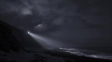 Fantasy landscape of a lonely man standing on the beach at night photo