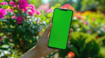 man hand holding smartphone with green screen and blurred background of flowers. photo