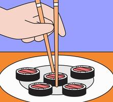 Sushi roll picked up with chopsticks cartoon illustration vector
