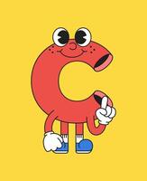 Cartoon retro character letter C with happy expression vector