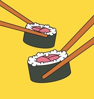 Sushi rolls being picked up with chopsticks vector