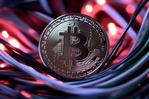 A Bitcoin coin surrounded by colorful wires, symbolizing cryptocurrency. photo
