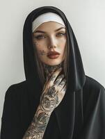nun in a dark cape with a sad yet glamorous expression photo