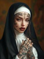 nun in a dark cape with a sad yet glamorous expression in a studio photo