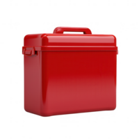 A bright red metal toolbox with a sturdy handle for carrying tools and equipment. png