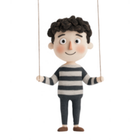A cheerful puppet boy enjoys swinging with a playful spirit and vibrant colors. png